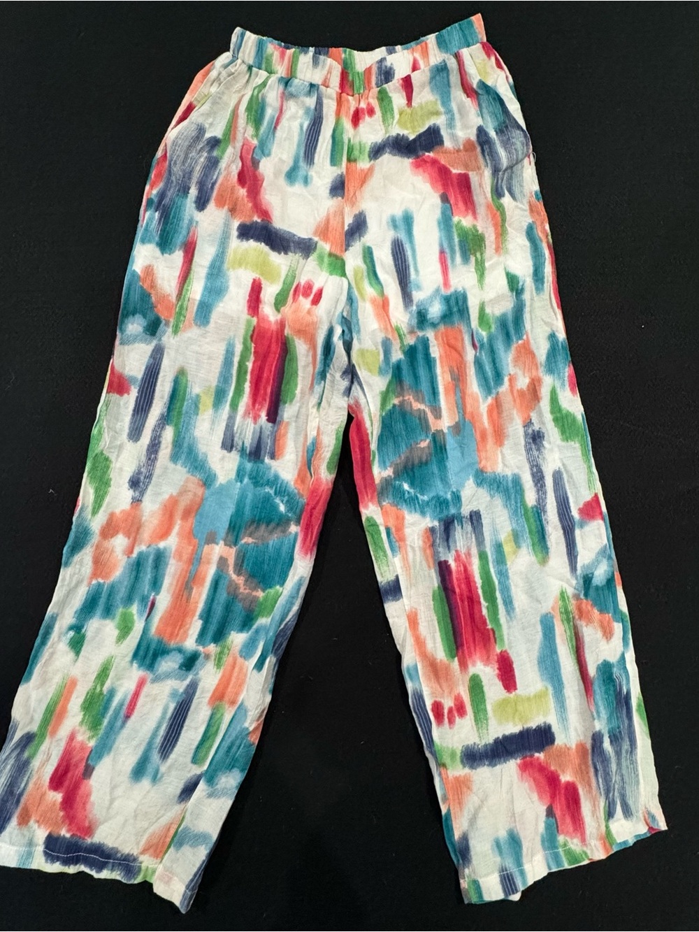 Wide Leg Silk Multicolor Brushstroke Print Pants